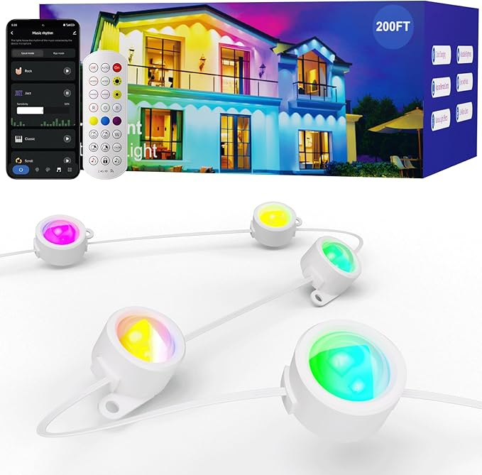 HUTAKUZE Permanent Outdoor Lights, 200FT RGB Smart Eaves Lights, IP67 Waterproof LED Outdoor Strip for House, Music Sync, APP/Remote Control, 16 Million Colors