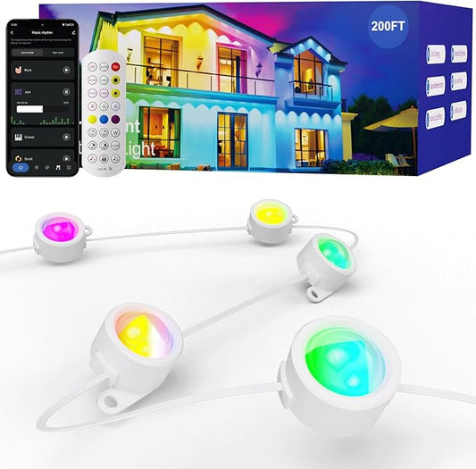 HUTAKUZE Permanent Outdoor Lights, 200FT RGB Smart Eaves Lights, IP67 Waterproof LED Outdoor Strip for House, Music Sync, APP/Remote Control, 16 Million Colors