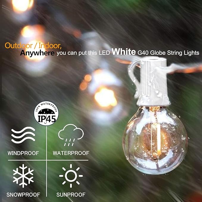 400FT White String Lights for Outside with 200+8 Extral LED G40 Bulbs Globe String Lights White Cord for Patio Pergola Gazebo Wedding Decoration, 4 x 100FT Connectable