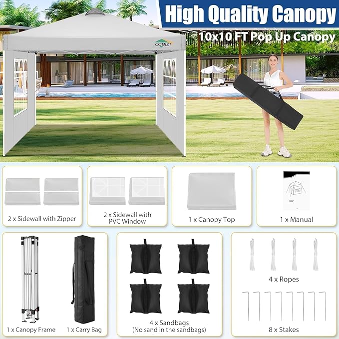 COBlZI 10x10 Pop Up Canopy Tent with 4 Removable Sidewalls，Waterproof Commercial Easy up Adjustable Gazebo with Air Vent, 4 Sandbags，4 Stakes & 8 Ropes（Tents for Party/Exhibition,White