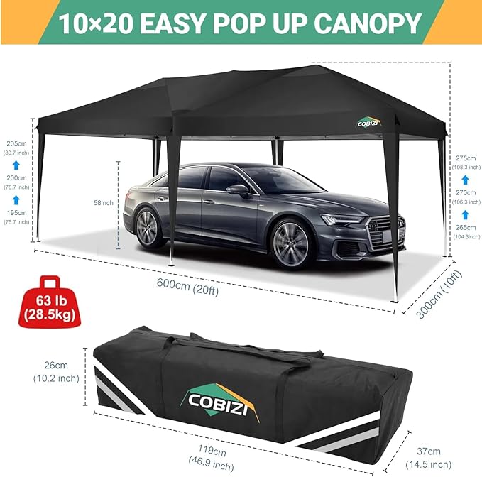 COBIZI Canopy 10x20 Pop Up Canopy Tent with 6 Sidewalls Easy Pop Up Tent 10x20 Waterproof Commercial Instant Shelter UPF 50+ Portable Gazebo Wedding Tents for Parties Car Port Vender Events(Black