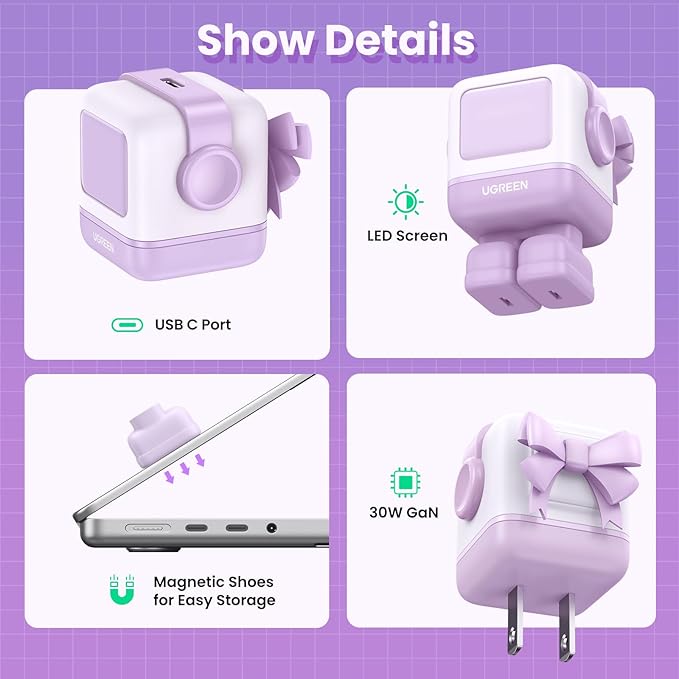 UGREEN Uno 30W USB C Charger Block, Compact Nexode Robot GaN Fast Charger for iPhone 16/15/14, Galaxy S25/S24/S23, Pixel 9/8/7, MacBook Air, iPad Pro (Purple)