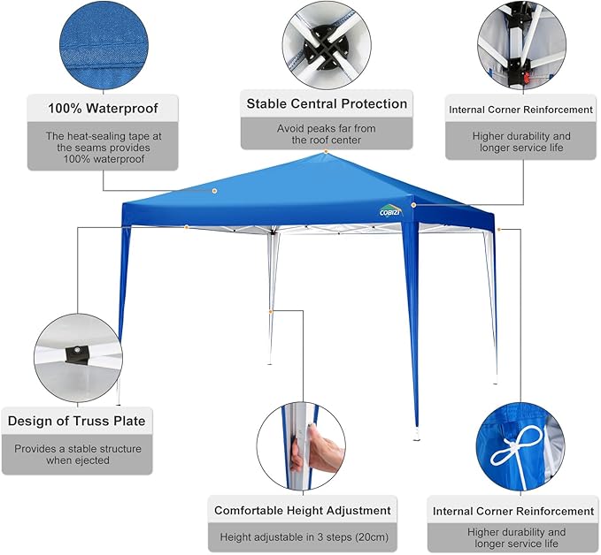 COBIZI 10x10 Pop Up Canopy Tent with 4 Sandbags, Easy Set Up Tent, Instant Outdoor Sun Shelter Canopy with 8 Stakes,4 Ropes&Carry Bag, Tents for Parties, Beach, Backyard,Camping（Blue