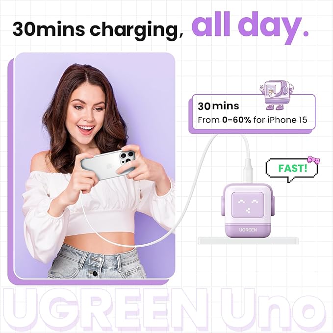UGREEN Uno 30W USB C Charger Block, Compact Nexode Robot GaN Fast Charger for iPhone 16/15/14, Galaxy S25/S24/S23, Pixel 9/8/7, MacBook Air, iPad Pro (Purple)