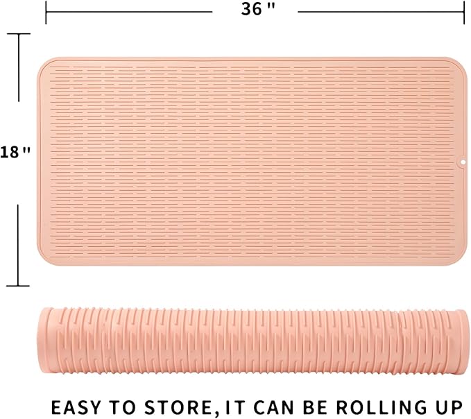 Silicone Dish Drying Mat for Multiple Usage,Easy clean,Eco-friendly,Heat-resistant Silicone Mat for Kitchen Counter or Sink,Refrigerator or Drawer Liner Pink 5XL 36inches x 18inches