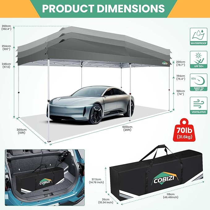 COBIZI 10x20 Pop Up Canopy Tent with 6 Removable Sidewalls,Waterproof & UV 50+ Easy Up Canopy,Commercial Gazebo with Air Vent,4 Sand Bags,4 Stakes & 8 Ropes,Tents for Parties/Camping/Backyard,Gray