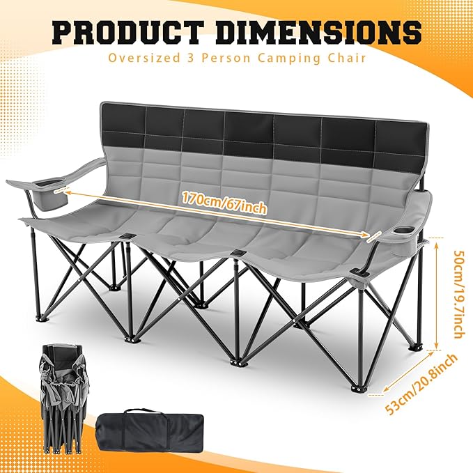Oversized Double Camping Couch Chair Outdoor Fully Padded Folding Sofa, 3 Person Capacity Camping Chair, Extra Large Sturdy Bench for Campsites, Soccer Games, Backyard Party, Fall Outdoor Activities