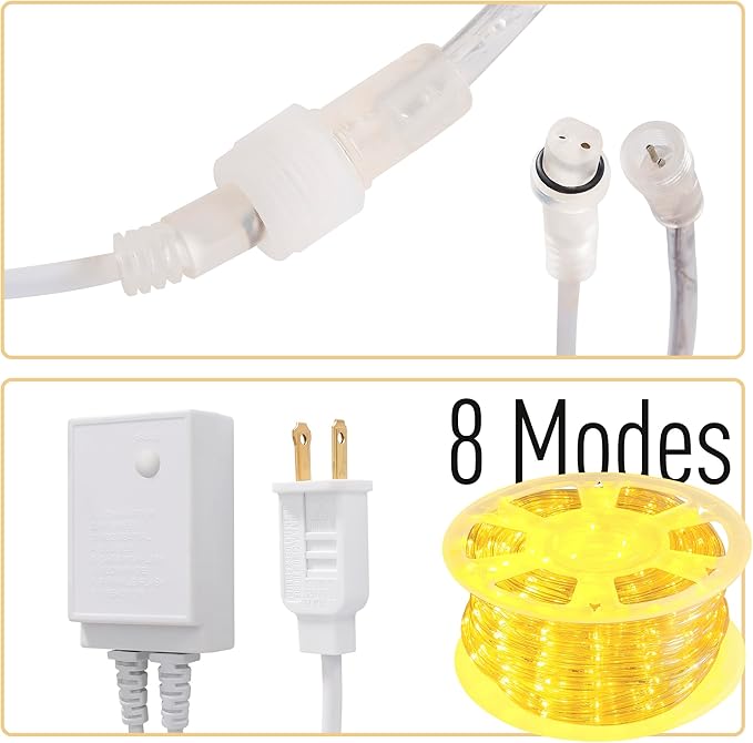 Waterproof LED Rope Lights, Connectable & Flexible with 8 Modes, Outdoor Lighting for Deck, Garden, Pool, Patio & Christmas Decor (Warm White, 100ft)