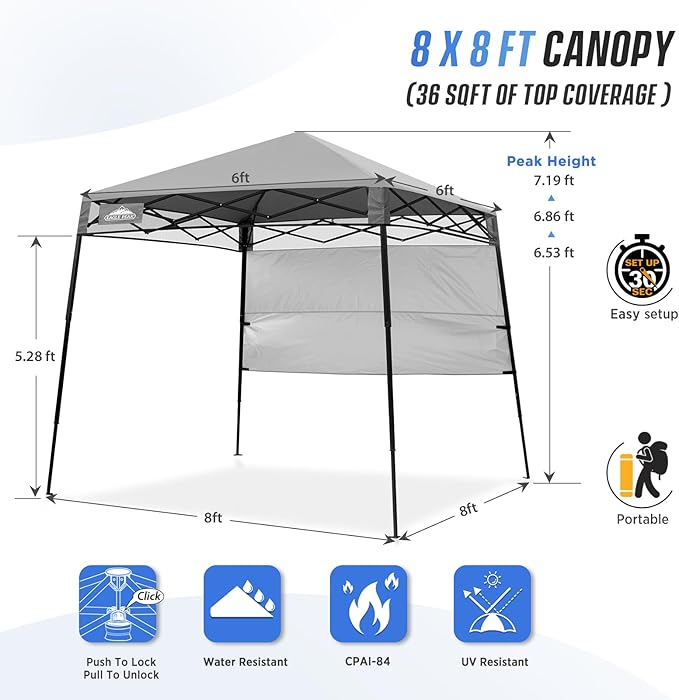 EAGLE PEAK 8x8 Pop Up Canopy Tent with Sidewall, Compact, Portable Slant Leg Instant Sun Shelter for Beach, Sports, & Camping, 8x8 Base 6x6 Top, Light Gray
