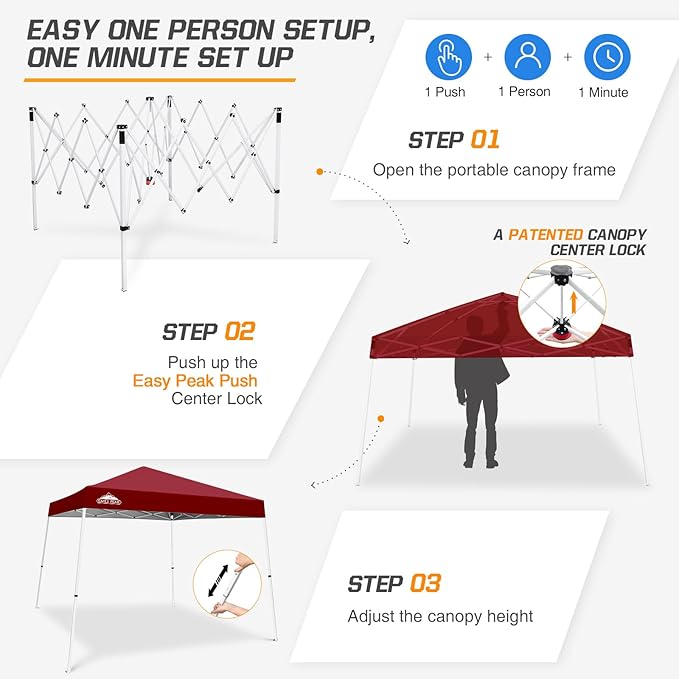 EAGLE PEAK 10x10 Slant Leg Pop-up Canopy Tent Easy One Person Setup Instant Outdoor Beach Canopy Folding Portable Sports Shelter 10x10 Base 8x8 Top (Burgundy)