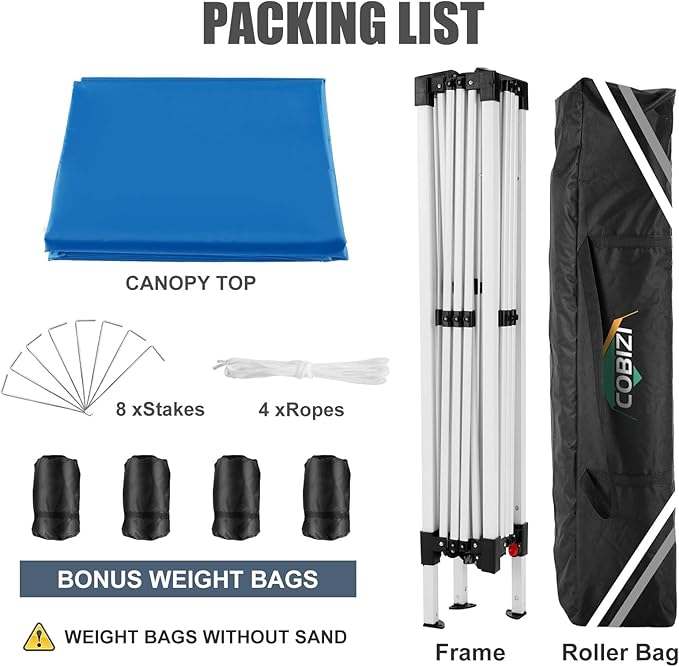 COBIZI 10x10 Pop Up Canopy Tent with 4 Sandbags, Easy Set Up Tent, Instant Outdoor Sun Shelter Canopy with 8 Stakes,4 Ropes&Carry Bag, Tents for Parties, Beach, Backyard,Camping（Blue