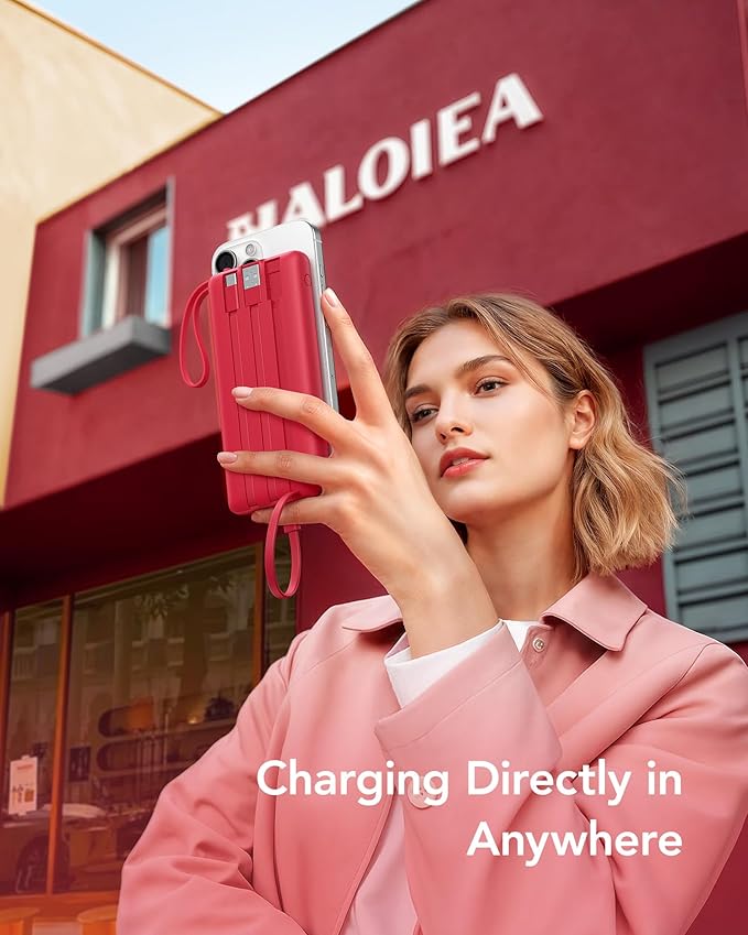 VRURC Portable Charger, 10000mAh Power Bank Built in Cables for iPhone, Slim Compact Travel Essentail, 5 Outputs 2 Inputs USB C Battery Pack for iPhone 16 15 14 13, Samsung, Android etc-Red
