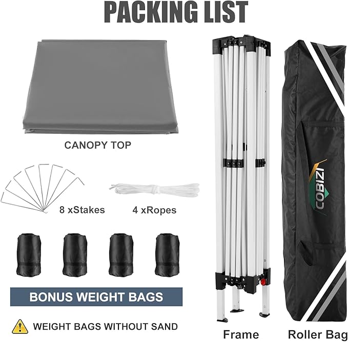 COBIZI 10x10 Pop Up Canopy Tent with 4 Sandbags, Easy Set Up Tent, Instant Outdoor Sun Shelter Canopy with 8 Stakes,4 Ropes&Carry Bag, Tents for Parties, Beach, Backyard,Camping(Gray