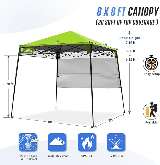 EAGLE PEAK 8x8 Pop Up Canopy Tent with Sidewall, Compact, Portable Slant Leg Instant Sun Shelter for Beach, Sports, & Camping, 8x8 Base 6x6 Top, Green