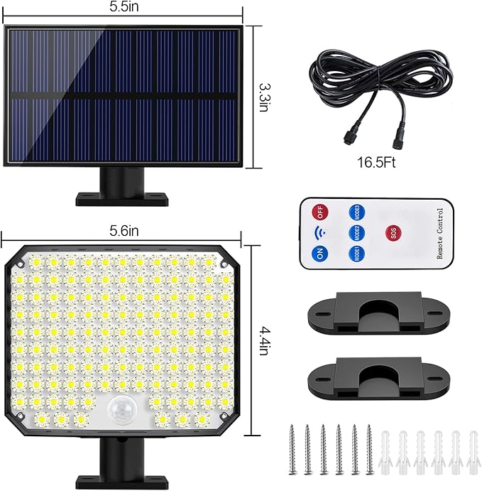 KERNOWO Solar Lights Outdoor, 118 LED Solar Motion Sensor Flood Lights with Remote, IP65 Waterproof Solar Powered Security Spot Lights with 16.5Ft Cable for Patio, Garage, Porch, Yard, 2 Pack