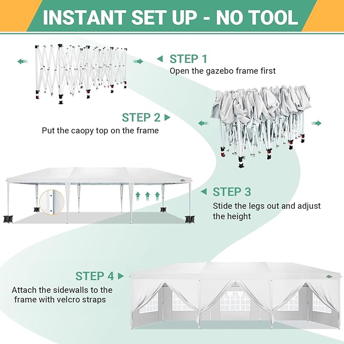 COBIZI 10x30 Pop Up Canopy Tent for Parties with 8 Sidewalls Waterproof Commercial Instant Canopy 10x30 Party Tent for Backyard, Wedding Portable Outdoor Gazebo with Carrybag&4 Sandbags(White