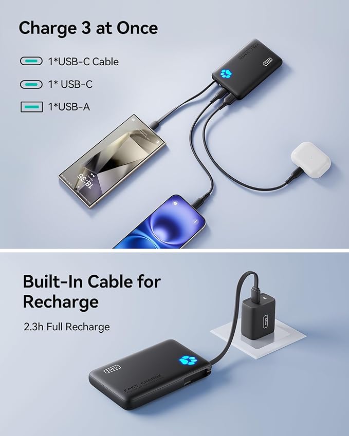 INIU Portable Charger, Slim 10000mAh Power Bank with Build in USB-C Cable, 20W Fast Charging Small Phone Charger, Flight Cruise Ship Trip Accessories Essentials for College Student Boy Girl, Yellow