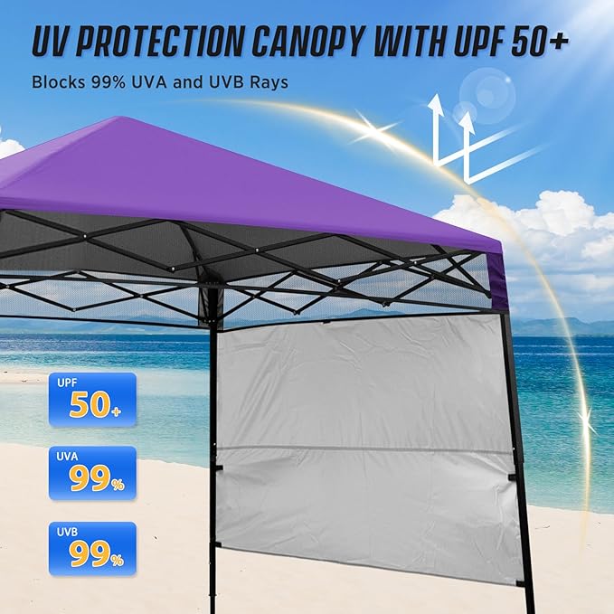 EAGLE PEAK 8x8 Pop Up Canopy Tent with Sidewall, Compact, Portable Slant Leg Instant Sun Shelter for Beach, Sports, & Camping, 8x8 Base 6x6 Top, Purple