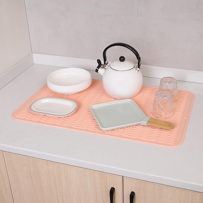 Silicone Dish Drying Mat for Multiple Usage,Easy clean,Eco-friendly,Heat-resistant Silicone Mat for Kitchen Counter or Sink,Refrigerator or Drawer Liner Pink 3XL 28 inches x 18 inches