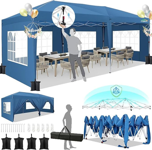 HOTEEL 10x20 Pop Up Canopy with 6 Sidewalls,One-Push Setup Canopy Tent with 8 Windbreak Poles,Waterproof Shade 10x20,Outdoor Canopies for Parties,Weddings,Camping,Patios (Blue)