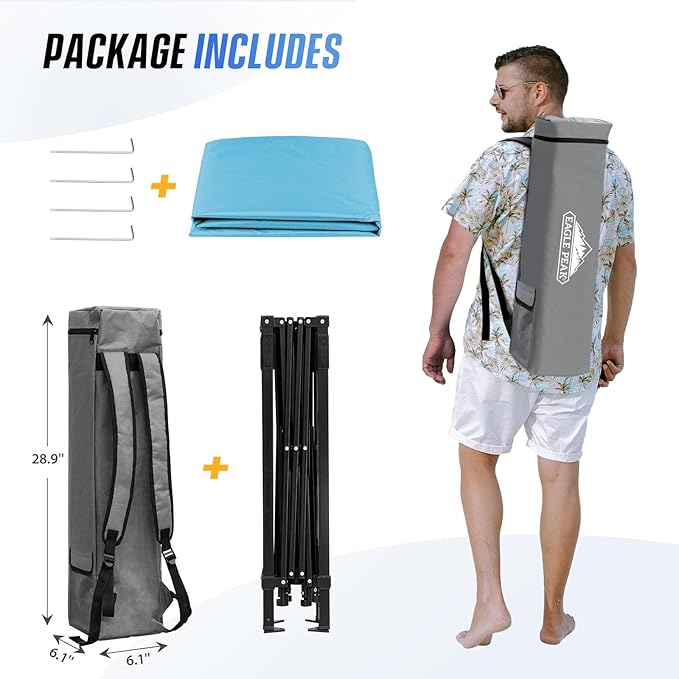EAGLE PEAK 8x8 Pop Up Canopy Tent with Sidewall, Compact, Portable Slant Leg Instant Sun Shelter for Beach, Sports, & Camping, 8x8 Base 6x6 Top, Light Blue