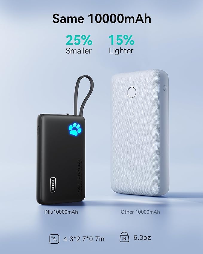 INIU Portable Charger, Slim 10000mAh Power Bank with Build in USB-C Cable, 20W Fast Charging Small Phone Charger, Flight Cruise Ship Trip Accessories Essentials for College Student Boy Girl, Yellow