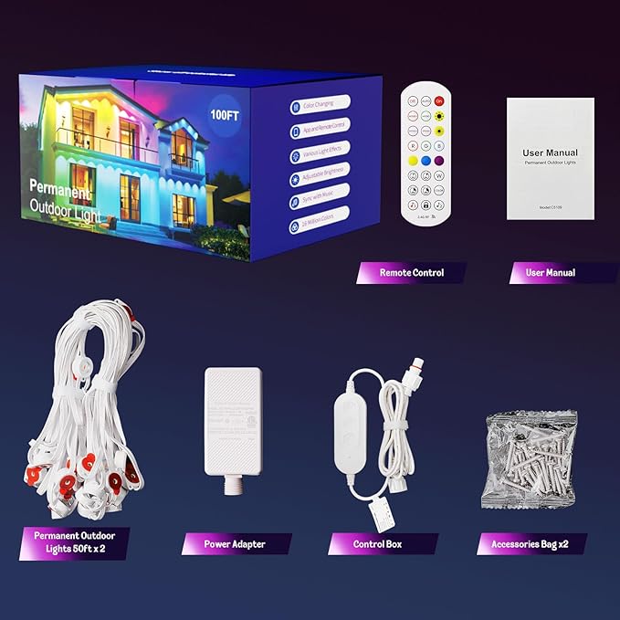 HUTAKUZE Permanent Outdoor Lights, 100FT RGB Smart Eaves Lights, IP67 Waterproof LED Outdoor Strip for House, Music Sync, APP/Remote Control, 16 Million Colors