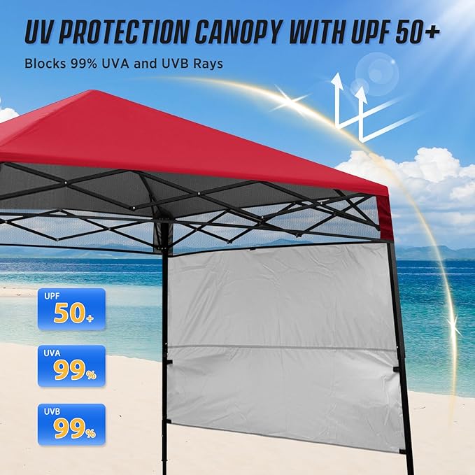EAGLE PEAK 8x8 Pop Up Canopy Tent with Sidewall, Compact, Portable Slant Leg Instant Sun Shelter for Beach, Sports, & Camping, 8x8 Base 6x6 Top, Red
