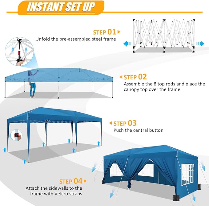 HOTEEL 10x20 Pop Up Canopy with 6 Sidewalls,One-Push Setup Canopy Tent with 8 Windbreak Poles,Waterproof Shade 10x20,Outdoor Canopies for Parties,Weddings,Camping,Patios (Blue)