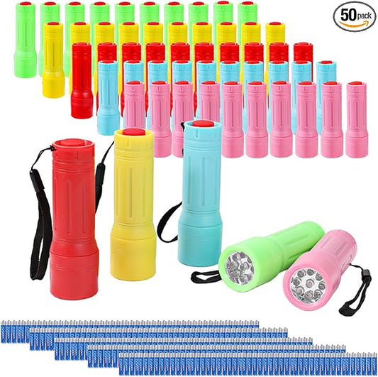 50 Pack 9-LED Mini Flashlight Bulk, Small Multicolor Flashlights for Kids with Lanyard, Batteries Included, for Hurricane Supplies Party Favors, Christmas Gifts Stocking Stuffer Boys Girls