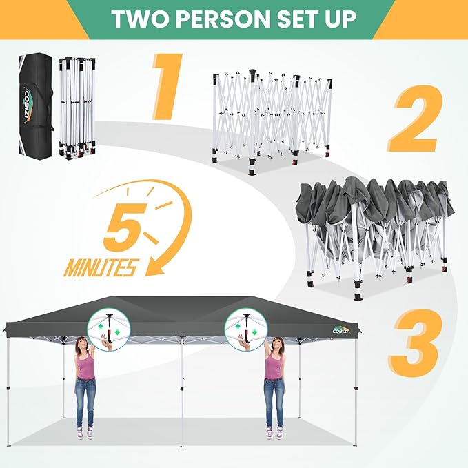 COBIZI 10x20 Pop Up Canopy Tent with 6 Removable Sidewalls,Waterproof & UV 50+ Easy Up Canopy,Commercial Gazebo with Air Vent,4 Sand Bags,4 Stakes & 8 Ropes,Tents for Parties/Camping/Backyard,Gray