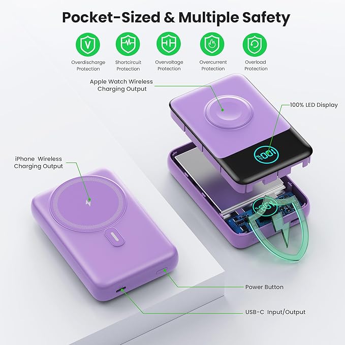 Magnetic Portable Charger for iPhone, 3-in-1 10800mAh Qi2 15W Wireless Power Bank with iWatch Charger,30W PD Fast Charging USB-C LCD Display Battery Pack for Magsafe,iPhone 16/15/14/13/12, Apple Watch
