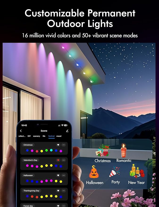 Smart Permanent Outdoor Lights Pro, 55ft with 36 RGB+IC Led Permanent Outdoor Lights for House, 51 Scenes, IP68 Waterproof, App/Remote Control for Christmas House Roof Lighting