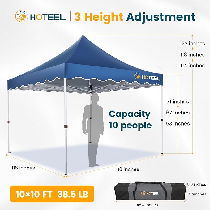HOTEEL 10×10 Pop Up Canopy, UV 50+ and Waterproof Canopy Tent 10×10, Thickened Frame, Large Space Easy Pop Up Canopy, Outdoor Canopy for Weddings, Beaches, Parties, Patio (Blue)