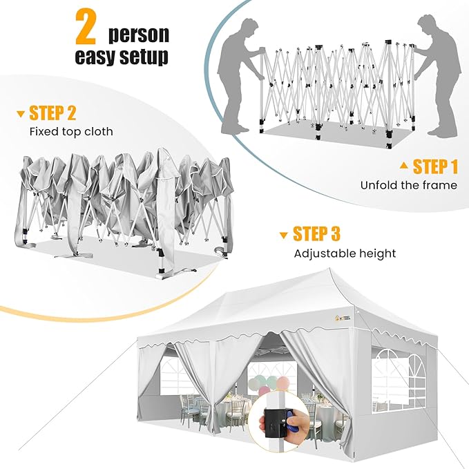 HOTEEL 10x20 Pop up Canopy Tent with 6 Removable Sidewalls, Wave Hem Roof 10x20 Canopy with Wheel Bag and 4 Sandbag, Commercial Pop up Tent Waterproof Sunshade for Wedding Party Stall(White)