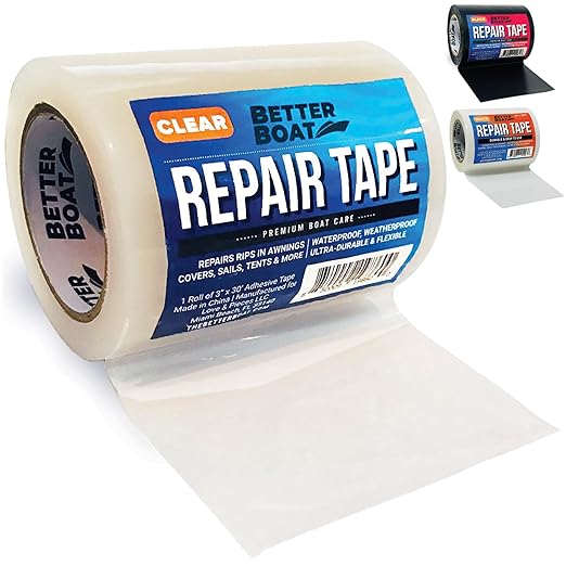 Repair Tape for Fabric Boat Covers, Canvas Tents, Pop-Up Campers, RV Awnings, Tarps, Canopies, Bimini Tops, Sails, Air Mattress Patch Kit, 30ft x 3" Clear Heavy-Duty Waterproof Vinyl