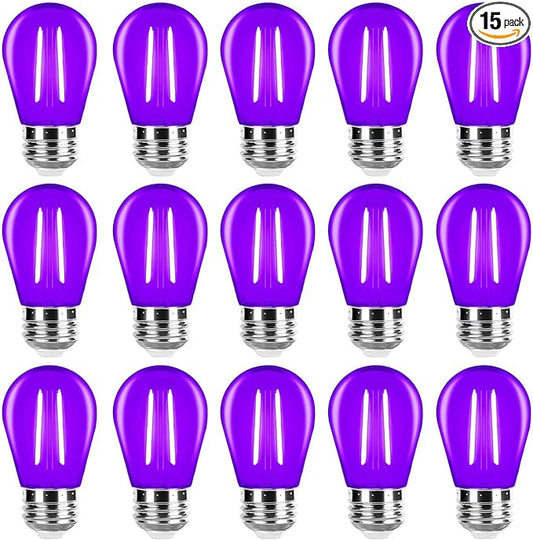 Purple Light Bulbs Plastic 2 Watt S14 LED Replacement Bulbs for Indoor Outdoor String Lights, Shatterproof Waterproof E26 Base Filament Edison Christmas Halloween Light Bulbs,15 Pack