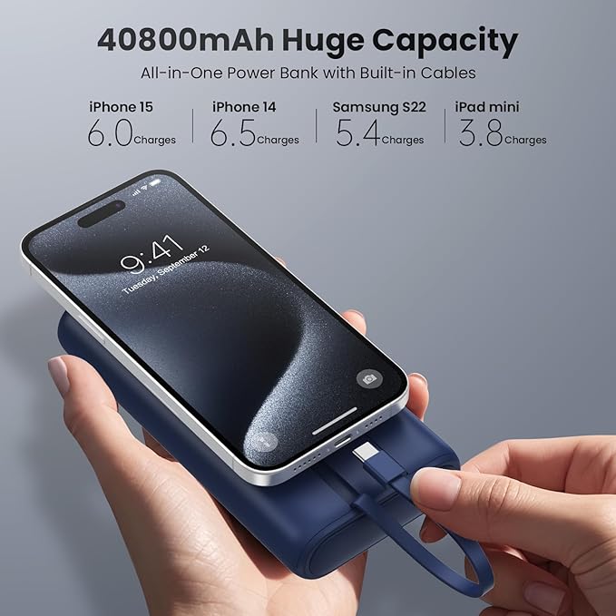 Upgraded Portable Charger 40800mAh Power Bank - Portable Battery with 2 Built in Cables,PD 25W USB C Fast Charging, 5 Outputs Battery Pack Compatible with iPhone 16 15 14 Android Phone etc-Navy