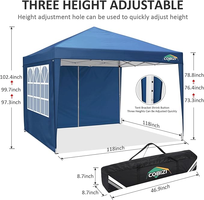 COBIZI Canopy 10x10 Pop Up Canopy Tent with 4 Sidewalls, 10x10 Easy Up Canopy Waterproof Commercial Outdoor Gazebo Portable Shelter Instant Tents for Parties,Backyard(with Carrying Bag,Blue