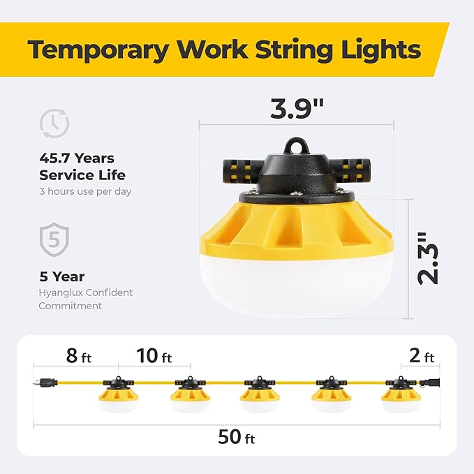 50ft LED String Lights: 3 Prong 50w 5500lm ETL Certified Bright Industrial Outdoor Temporary Lighting Hanging IP65 Waterproof 18AWG Wire Construction Work Light for Attic Jobsite Garage