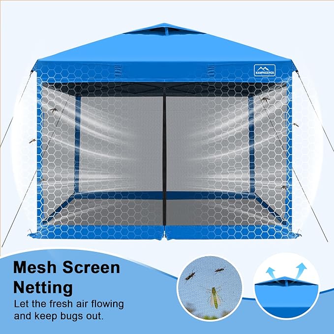 KAMPKEEPER 10x10 Pop Up Canopy with Mosquito Netting,Instant Outdoor Screen Tent Sun Shade for Events Patio Camping Picnic,Gazebo with 4 Sandbags,1 Wheeled Bag(Light Blue)