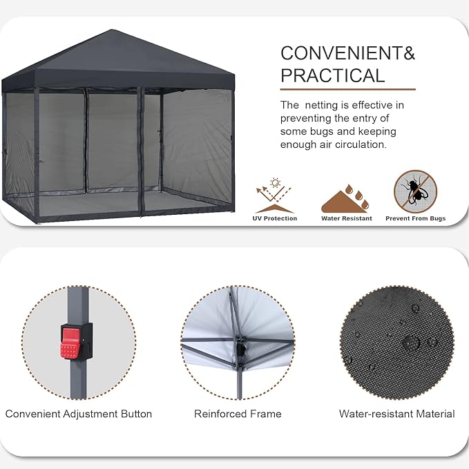 MASTERCANOPY Pop-Up Easy Setup Outdoor Canopy with Netting Screen Walls (10x10, Dark Gray)