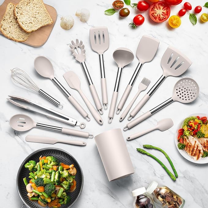LIANYU 15 Pcs Kitchen Cooking Utensils Set with Holder, Silicone Kitchen Tools with Stainless Steel Handle, Heat Resistant Gadgets, Brush Spatula Spoon Whisk for Cookware, Dishwasher Safe, Khaki