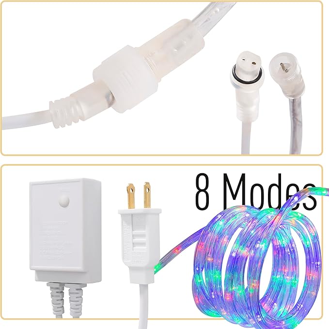 Waterproof LED Rope Lights, Connectable & Flexible with 8 Modes, Outdoor Lighting for Deck, Garden, Pool, Patio & Christmas Decor (Multicolor, 20ft)