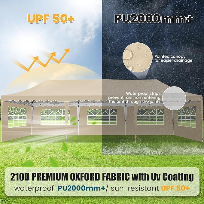 HOTEEL 10x30 Pop Up Canopy with 8 Sidewalls, UV 50+ and Waterproof Party Tent 10×30, Thickened Frame, Large Space Easy Pop Up Canopy, Outdoor Tent for Wedding, Beaches, Parties, Patio (Khaki)