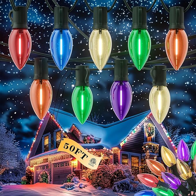 Kawaya Outdoor Christmas LED Multi-Colored Clear Tree Lights - C9 50ft, 50 Bulbs Waterproof Decor for Outside Trees, House, Walkway & Pathways
