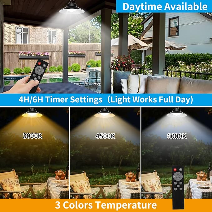 Solar Shed Lights Indoor Outdoor Aqonsie Dual Solar Pendant Daytime Work Lights with 3 Colors Temperature & 5 Lighting Modes+2 Timers, 1200LM Solar Motion Indoor Lights with Remote for Gazebo Barn