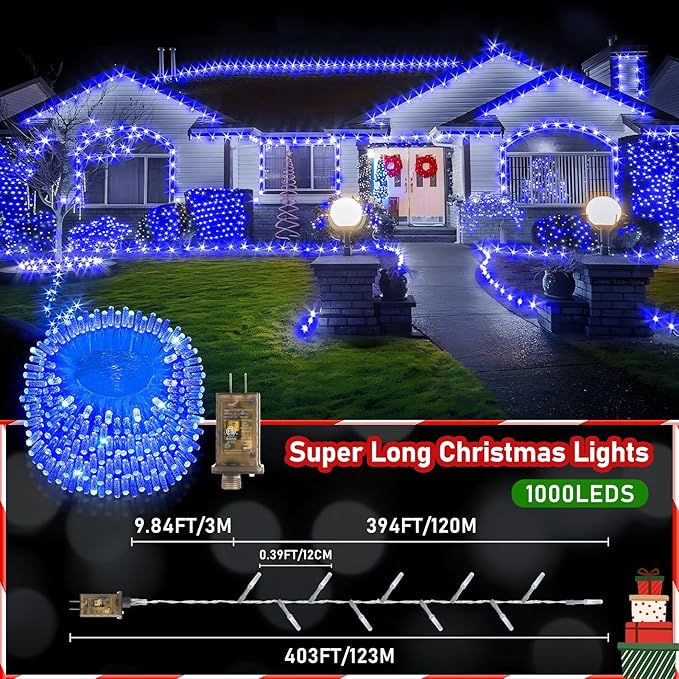 XURISEN Upgraded 403FT 1000 LED Christmas Lights Outdoor, Super Long String Lights 8 Modes & Memory Timer Plug in Fairy Lights for Home Xmas Tree Party Wedding Decor -Blue