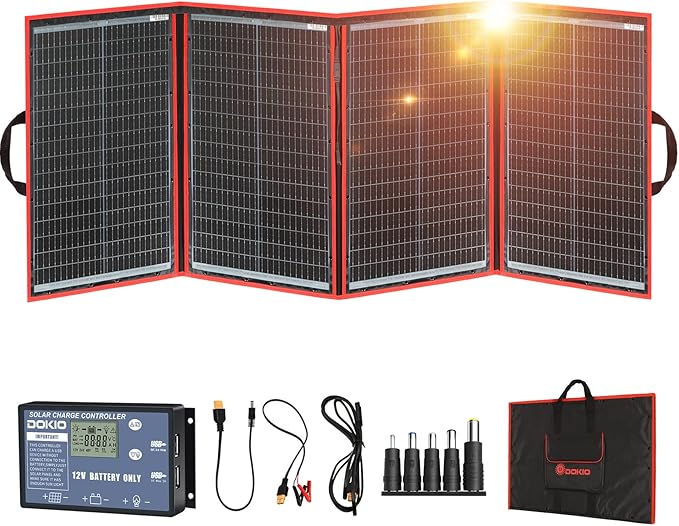 DOKIO 200W Portable Foldable Solar Panel Kit, Compact 21x36in Design 11.7lb with Separate Controller and Dual USB, Monocrystalline Charger for 12V Batteries & Power Stations, RV Camping Emergency Use