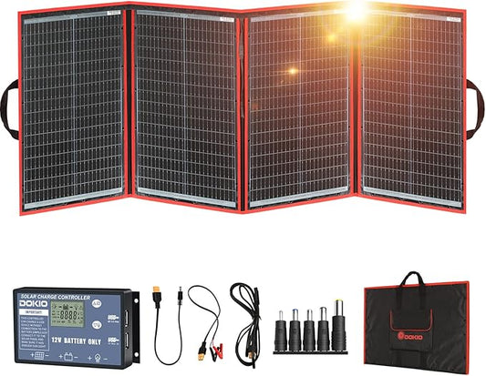 DOKIO 200W Portable Foldable Solar Panel Kit, Compact 21x36in Design 11.7lb with Separate Controller and Dual USB, Monocrystalline Charger for 12V Batteries & Power Stations, RV Camping Emergency Use